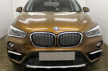 5 399 р. Защитная сетка радиатора в бампер Стрелка 11 Премиум (алюминий) BMW X1 F48 дорестайлинг (2015-2019) (Цвет: черный)  с доставкой в г. Майкоп. Увеличить фотографию 2