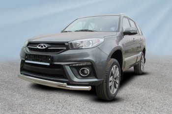 Защита переднего бампера Slitkoff (Ø 57+Ø 42) Chery Tiggo 3 (2014-2020) (Цвет: серебристый)