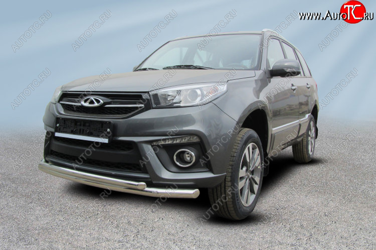 9 899 р. Защита переднего бампера Slitkoff (Ø 57+Ø 42)  Chery Tiggo 3 (2014-2020) (Цвет: серебристый)  с доставкой в г. Майкоп