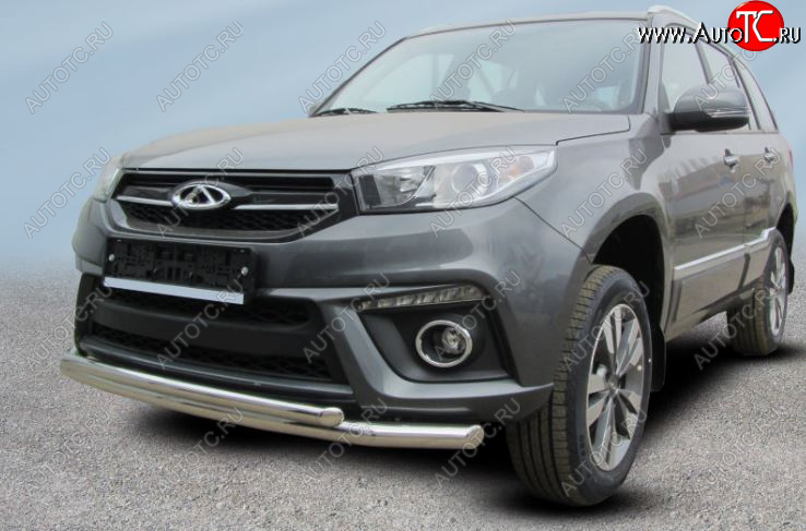 13 899 р. Защита переднего бампера Slitkoff (Ø 57 и 42 мм).  Chery Tiggo 3 (2014-2020) (Полированная нержавеющая сталь)  с доставкой в г. Майкоп