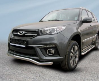Защита переднего бампера Slitkoff (Ø 57 мм, волна). Chery Tiggo 3 (2014-2020) (Сталь окрашенная в цвет: серебристый)