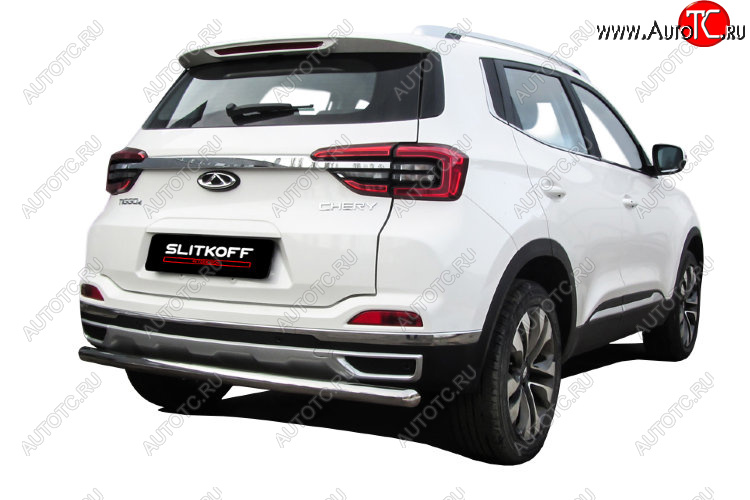 8 449 р. Защита заднего бампера Slitkoff (Ø 57 мм)  Chery Tiggo 4 (2018-2023) 1-ый рестайлинг (Полированная нержавейка)  с доставкой в г. Майкоп