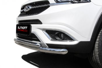 12 299 р. Защита переднего бампера Slitkoff (Ø 57+Ø 42).  Chery Tiggo 7 (2016-2020) (Полированная нержавейка)  с доставкой в г. Майкоп. Увеличить фотографию 2