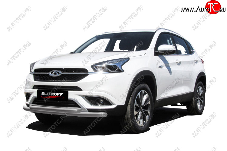8 599 р. Защита переднего бампера  Slitkoff (Ø 57+Ø 42). Chery Tiggo 7 (2016-2020) (Цвет: серебристый)  с доставкой в г. Майкоп