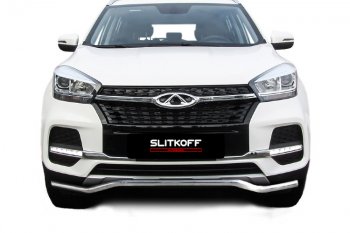11 599 р. Защита переднего бампера Slitkoff (Ø 42 мм, волна)  Chery Tiggo 4 (2018-2023) 1-ый рестайлинг (Полированная нержавейка)  с доставкой в г. Майкоп. Увеличить фотографию 2