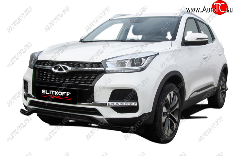 7 999 р. Защита переднего бампера Slitkoff (Ø 42 мм, волна) Chery Tiggo 4 1-ый рестайлинг (2018-2023) (Цвет: черный)  с доставкой в г. Майкоп