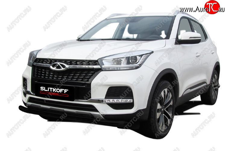 8 599 р. Защита переднего бампера Slitkoff (Ø 57+Ø 42) Chery Tiggo 4 1-ый рестайлинг (2018-2023) (Цвет: черный)  с доставкой в г. Майкоп