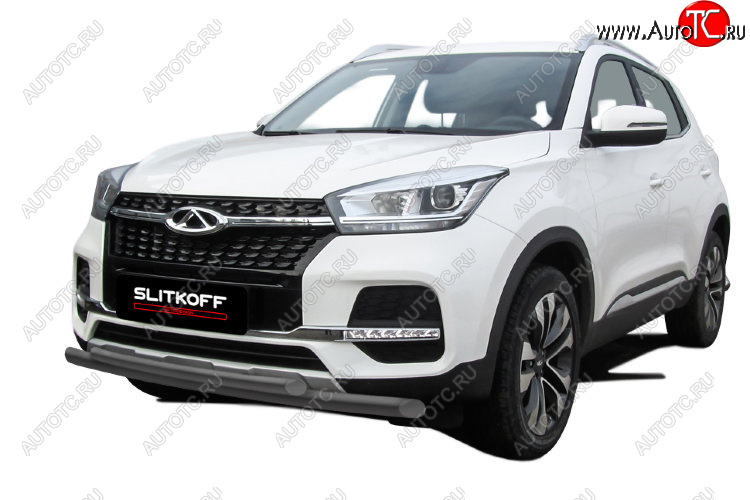 8 599 р. Защита переднего бампера Slitkoff (Ø 57+Ø 42)  Chery Tiggo 4 (2018-2023) 1-ый рестайлинг (Цвет: серебристый)  с доставкой в г. Майкоп