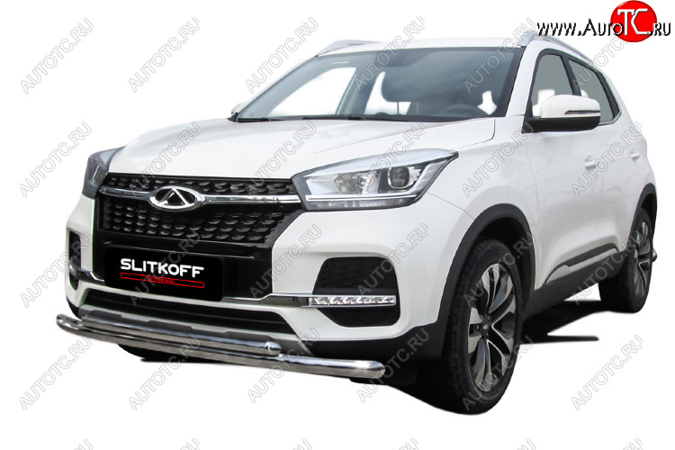 12 299 р. Защита переднего бампера Slitkoff (Ø 57+Ø 42).  Chery Tiggo 4 (2018-2023) 1-ый рестайлинг (Полированная нержавейка)  с доставкой в г. Майкоп