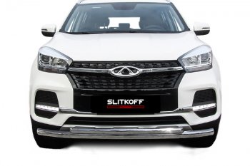 12 299 р. Защита переднего бампера Slitkoff (Ø 57+Ø 42).  Chery Tiggo 4 (2018-2023) 1-ый рестайлинг (Полированная нержавейка)  с доставкой в г. Майкоп. Увеличить фотографию 2
