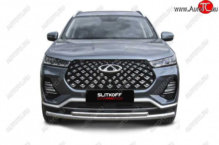 13 899 р. Защита переднего бампера Slitkoff (Ø 57+Ø 42 мм).  Chery Tiggo 7 PRO - Tiggo 7 Pro Max  T1E (Нержавеющая сталь)  с доставкой в г. Майкоп