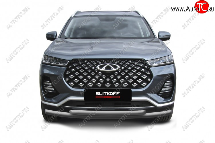 9 899 р. Защита переднего бампера Slitkoff (Ø 57+Ø 42 мм). Chery Tiggo 7 Pro Max T1E дорестайлинг (2022-2025) (Цвет: серебристый)  с доставкой в г. Майкоп