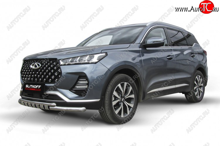 17 299 р. Защита переднего бампера Slitkoff (Ø 57+Ø 42 мм).  Chery Tiggo 7 PRO - Tiggo 7 Pro Max  T1E (Нержавеющая сталь)  с доставкой в г. Майкоп