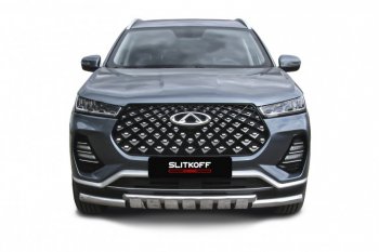 17 299 р. Защита переднего бампера Slitkoff (Ø 57+Ø 42 мм).  Chery Tiggo 7 PRO - Tiggo 7 Pro Max  T1E (Нержавеющая сталь)  с доставкой в г. Майкоп. Увеличить фотографию 2