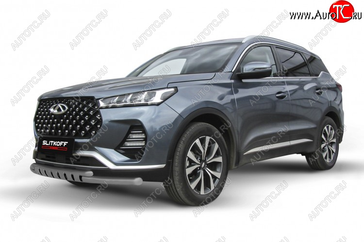 11 999 р. Защита переднего бампера Slitkoff (Ø 57+Ø 42 мм). Chery Tiggo 7 Pro Max T1E дорестайлинг (2022-2025) (Цвет: серебристый)  с доставкой в г. Майкоп