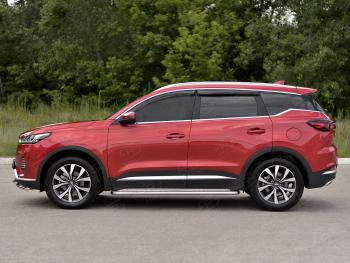Порожки для ног SLITKOFF (Ø42 мм, с алюминиевым листом) Chery Tiggo 7 PRO (2019-2025) (Профиль - нержавейка, лист - алюминий)