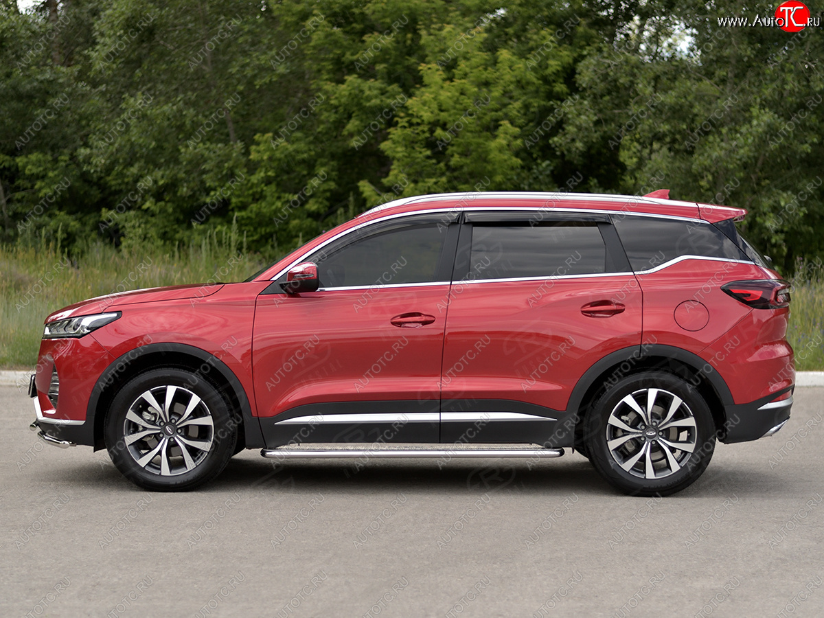22 999 р. Порожки для ног SLITKOFF (Ø42 мм, с алюминиевым листом)  Chery Tiggo 7 PRO (2019-2025) (Профиль - нержавейка, лист - алюминий)  с доставкой в г. Майкоп