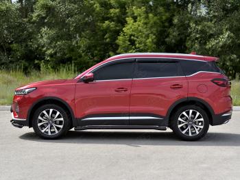 10 599 р. Защита порогов (Ø63 мм, с полимерным покрытием) SLITKOFF  Chery Tiggo 7 PRO (2019-2025) (круглые торцы, черный)  с доставкой в г. Майкоп. Увеличить фотографию 3