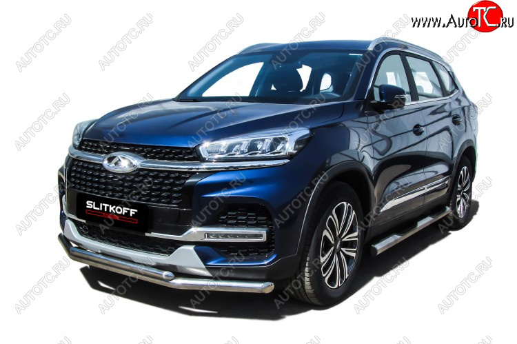 13 899 р. Защита переднего бампера Slitkoff (Ø 57+Ø 42).  Chery Tiggo 8  (T18) (2019-2025) рестайлинг (Полированная нержавейка)  с доставкой в г. Майкоп