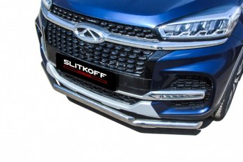 13 899 р. Защита переднего бампера Slitkoff (Ø 57+Ø 42).  Chery Tiggo 8  (T18) (2019-2025) рестайлинг (Полированная нержавейка)  с доставкой в г. Майкоп. Увеличить фотографию 3