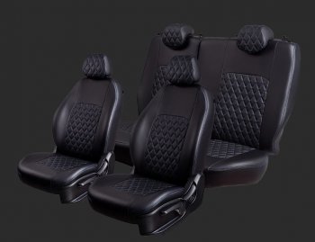 Чехлы для сидений Lord Autofashion Турин Ромб (Экокожа, раздельные спинка и сиденье 50/50, 2 П-образных подголовника) Chery Tiggo T11 (2005-2013) дорестайлинг (Черный, вставка черная, строчка синяя)