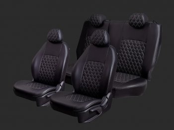 Чехлы для сидений Lord Autofashion Турин Ромб (Экокожа, раздельные спинка и сиденье 50/50, 2 П-образных подголовника) Chery Tiggo T11 (2005-2013) дорестайлинг (Черный, вставка черная, строчка серая)