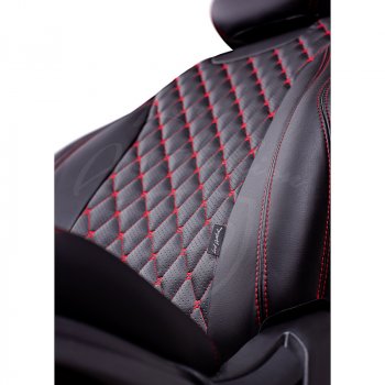 10 899 р. Чехлы для сидений Lord Autofashion Байрон (экокожа, раздельная спинка) Chevrolet Aveo T300 хэтчбек (2011-2015) (Черный, вставка черная, строчка красная)  с доставкой в г. Майкоп. Увеличить фотографию 2