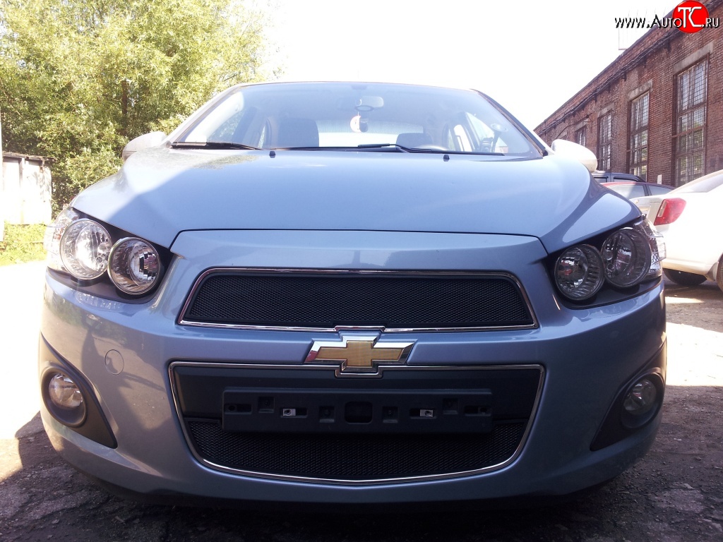 1 469 р. Нижняя сетка на бампер Russtal (черная) Chevrolet Aveo T300 хэтчбек (2011-2015)  с доставкой в г. Майкоп