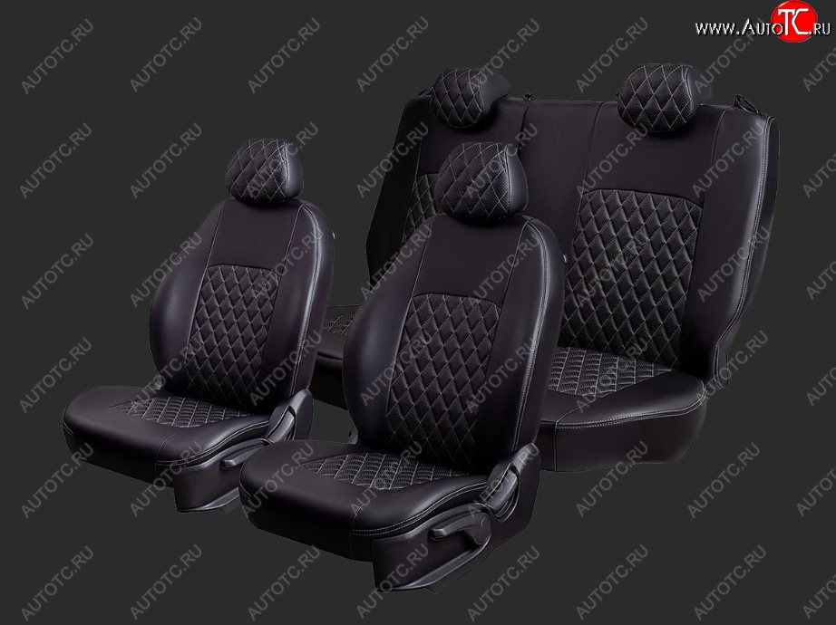 5 799 р. Чехлы для сидений Lord Autofashion Турин Ромб (экокожа, спинка 60/40, 2 Г-образных подголовника)  Chevrolet Cobalt (2011-2023), Ravon R4 (2016-2020) (Черный, вставка черная, строчка серая)  с доставкой в г. Майкоп