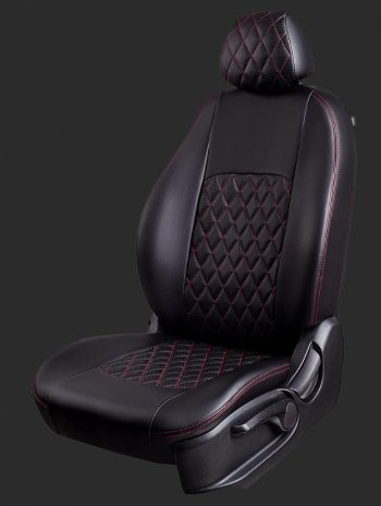 Чехлы для сидений Lord Autofashion Турин Ромб (экокожа, спинка 60/40, 2 Г-образных подголовника) Chevrolet Cobalt (2011-2023), Ravon R4 (2016-2020) (Черный, вставка черная, строчка красная)