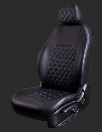Чехлы для сидений Lord Autofashion Турин Ромб (экокожа, спинка 60/40, 2 горба) Chevrolet Lanos  T100 (2002-2017) седан (Черный, вставка черная, строчка синяя)