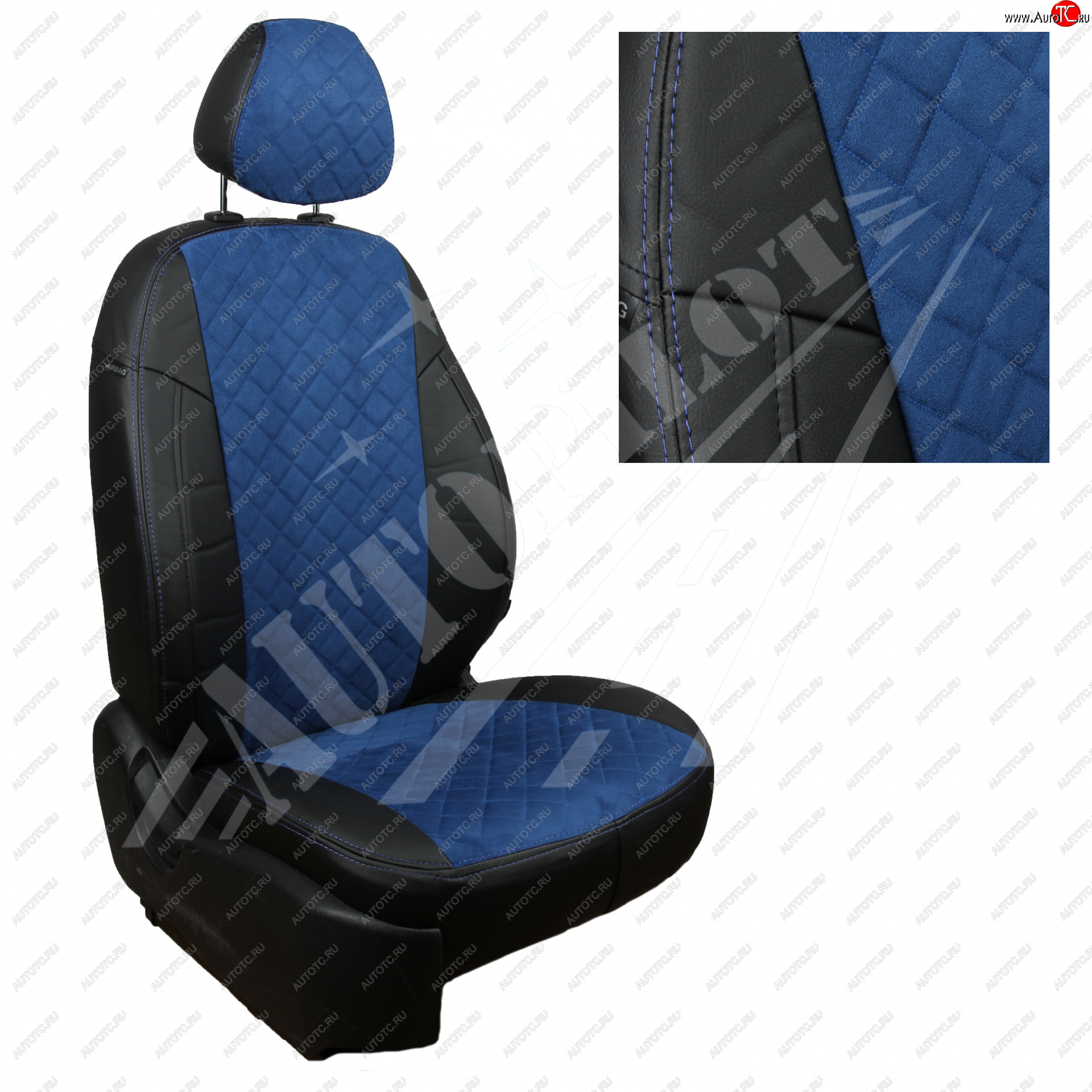 8 749 р. Чехлы сидений AUTOPILOT Алькантара Ромб (задние спинка и сиденье 60/40  Chevrolet Spark  M300 (2010-2022) дорестайлинг, 2-ой рестайлинг (Черный + Синий)  с доставкой в г. Майкоп
