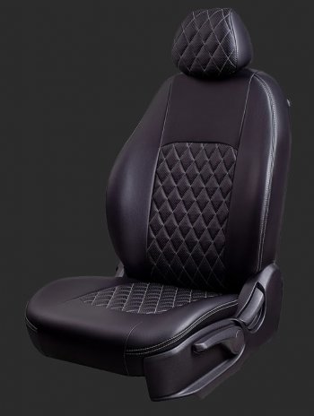 Чехлы для сидений Lord Autofashion Турин Ромб (экокожа, сплошная спинка, 2 Г-образных подголовника) Daewoo Nexia  рестайлинг (2008-2015) (Черный, вставка черная, строчка серая)