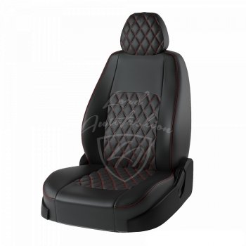 Чехлы для сидений Lord Autofashion Турин Ромб (экокожа, раздельная спинка) Datsun on-DO (2014-2019) седан дорестайлинг (Черный, вставка черная, строчка красная)
