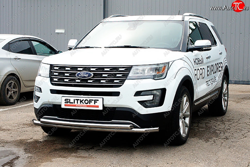 16 899 р. Защита переднего бампера Slitkoff (двойная, d57/57 мм)  Ford Explorer  U502 (2015-2018) 1-ый рестайлинг, 5 дв. (Нержавейка, Полированная)  с доставкой в г. Майкоп