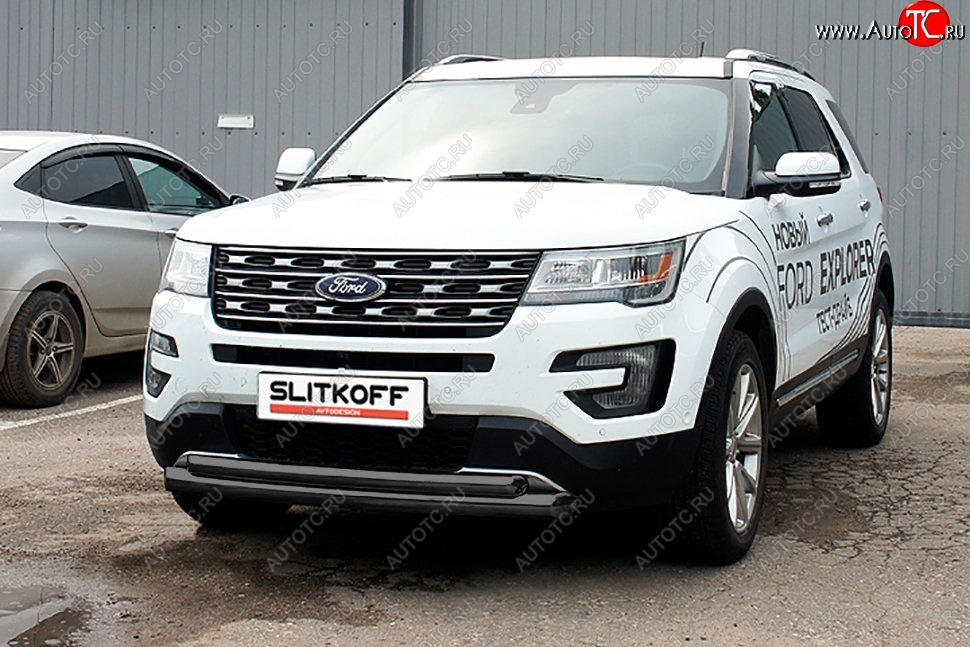 13 599 р. Защита переднего бампера Slitkoff (двойная, d76/57 мм)  Ford Explorer  U502 (2015-2018) 1-ый рестайлинг, 5 дв. (Сталь с полимерным покрытием. Цвет: чёрный)  с доставкой в г. Майкоп