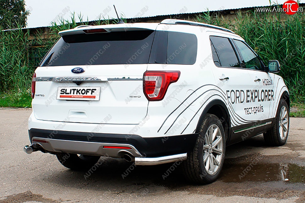 12 699 р. Защита заднего бампера Slitkoff (d76 мм, уголки)  Ford Explorer  U502 (2015-2018) 1-ый рестайлинг, 5 дв. (Нержавейка, Полированная)  с доставкой в г. Майкоп