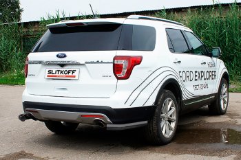 12 699 р. Защита заднего бампера Slitkoff (d76 мм, уголки)  Ford Explorer  U502 (2015-2018) 1-ый рестайлинг, 5 дв. (Нержавейка, Полированная)  с доставкой в г. Майкоп. Увеличить фотографию 2