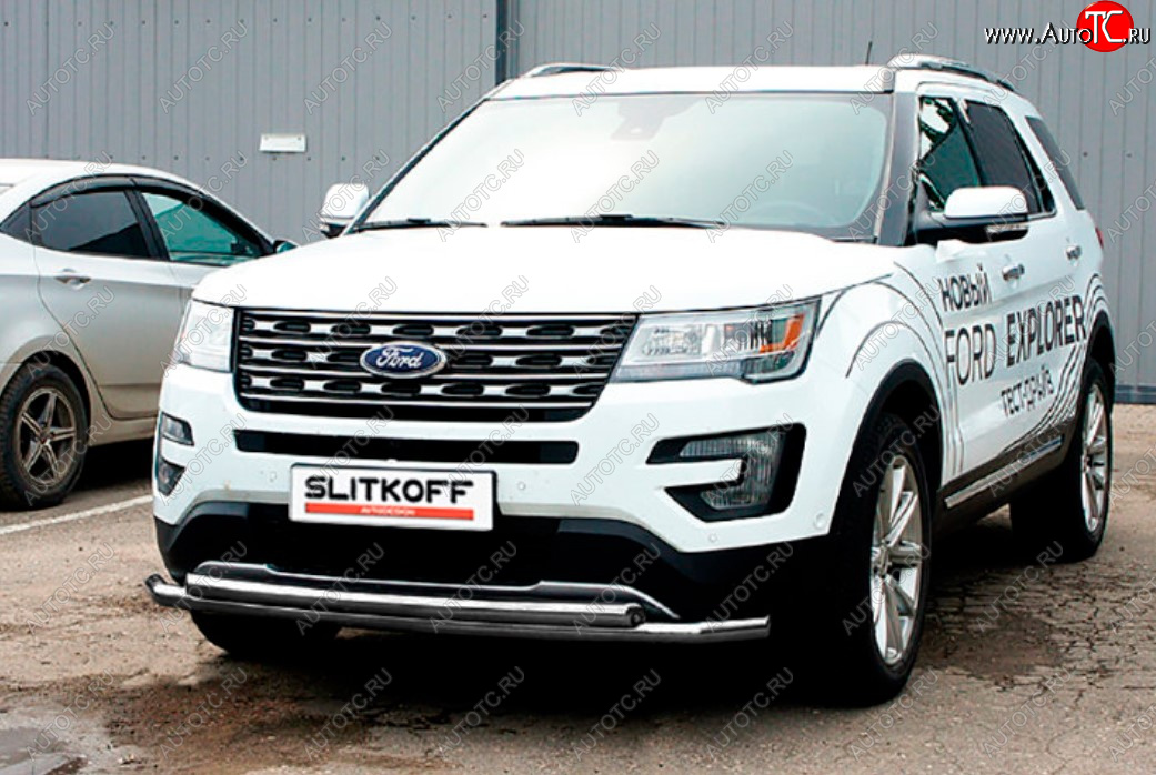 11 849 р. Защита переднего бампера Slitkoff (двойная, Ø57/57 мм)  Ford Explorer  U502 (2015-2018) 1-ый рестайлинг, 5 дв. (Цвет: серебристый)  с доставкой в г. Майкоп