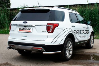 Защита заднего бампера Slitkoff (Ø 57 мм, уголки) Ford Explorer  U502 (2015-2018) 1-ый рестайлинг, 5 дв. (Полированная нержавейка)