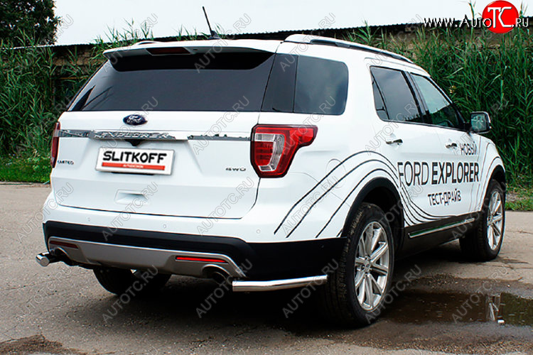 10 999 р. Защита заднего бампера Slitkoff (Ø 57 мм, уголки)  Ford Explorer  U502 (2015-2018) 1-ый рестайлинг, 5 дв. (Полированная нержавейка)  с доставкой в г. Майкоп