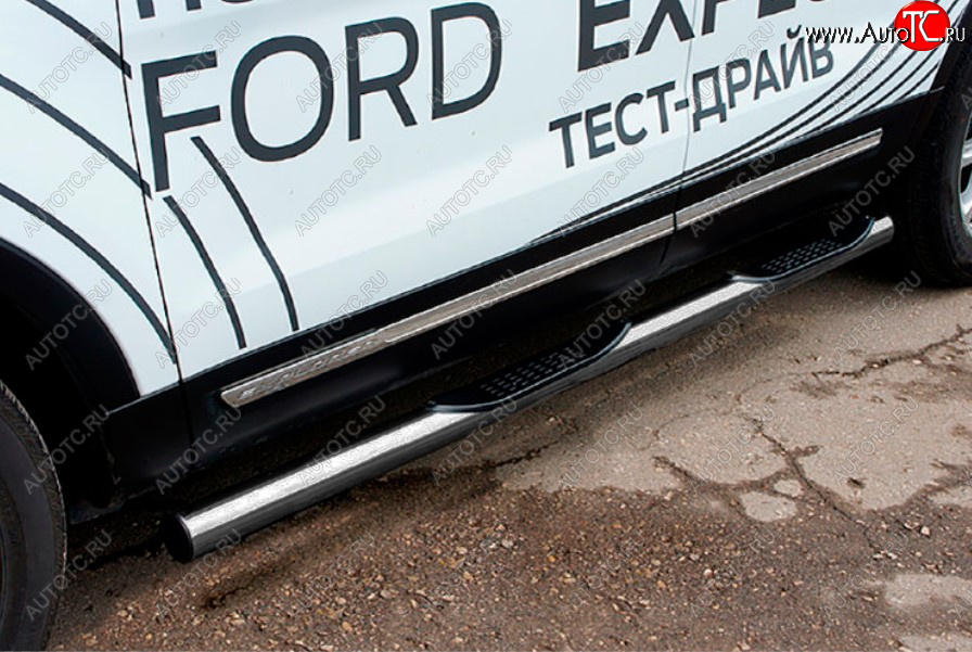 16 949 р. Защита порогов Slitkoff (Ø 76 мм, с проступями)  Ford Explorer  U502 (2015-2018) 1-ый рестайлинг, 5 дв. (Цвет: серебристый)  с доставкой в г. Майкоп