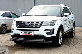 Защита переднего бампера Slitkoff (двойная, d57/57 мм) Ford Explorer  U502 (2017-2019) 2-ой рестайлинг, 5 дв. (Сталь с полимерным покрытием. Цвет: чёрный)