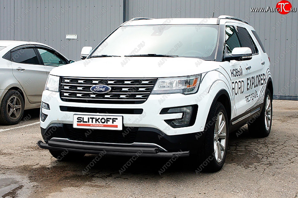 11 849 р. Защита переднего бампера Slitkoff (двойная, d57/57 мм)  Ford Explorer  U502 (2017-2019) 2-ой рестайлинг, 5 дв. (Сталь с полимерным покрытием. Цвет: чёрный)  с доставкой в г. Майкоп