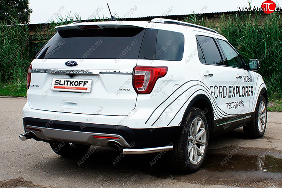 10 999 р. Защита заднего бампера Slitkoff (d57 мм, уголки)  Ford Explorer  U502 (2017-2019) 2-ой рестайлинг, 5 дв. (Нержавейка, Полированная)  с доставкой в г. Майкоп