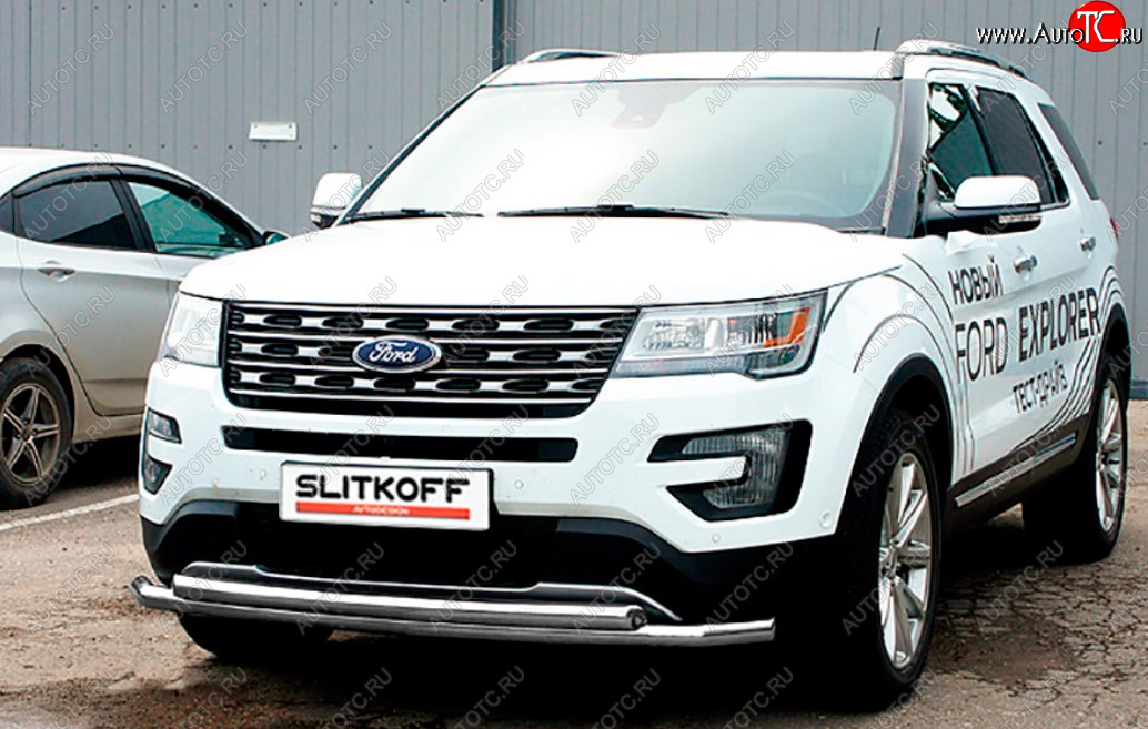11 849 р. Защита переднего бампера Slitkoff (Ø 57+Ø 57, двойная).  Ford Explorer  U502 (2017-2019) 2-ой рестайлинг, 5 дв. (Сталь с полимерным покрытием. Цвет: серебристый)  с доставкой в г. Майкоп