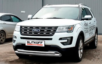 Защита переднего бампера Slitkoff (Ø 76+Ø 57, двойная). Ford Explorer  U502 (2017-2019) 2-ой рестайлинг, 5 дв. (Сталь с полимерным покрытием. Цвет: серебристый)
