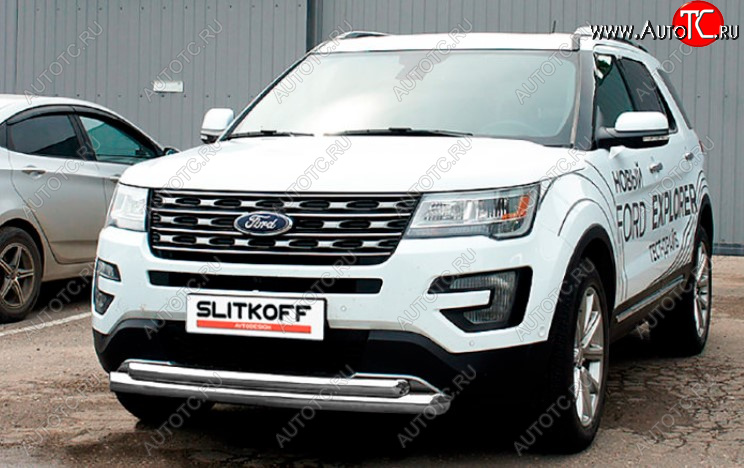 13 599 р. Защита переднего бампера Slitkoff (Ø 76+Ø 57, двойная).  Ford Explorer  U502 (2017-2019) 2-ой рестайлинг, 5 дв. (Сталь с полимерным покрытием. Цвет: серебристый)  с доставкой в г. Майкоп
