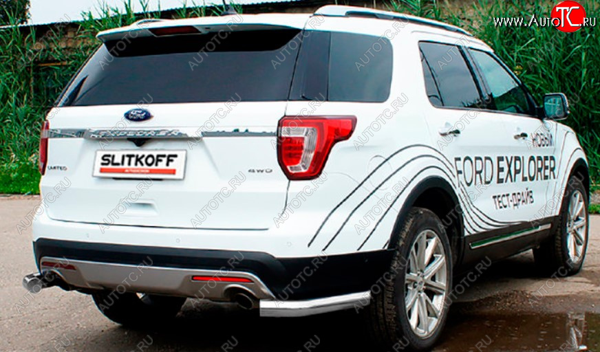 8 849 р. Защита заднего бампера Slitkoff (Ø 76 мм, уголки)  Ford Explorer  U502 (2017-2019) 2-ой рестайлинг, 5 дв. (Сталь с полимерным покрытием. Цвет: серебристый)  с доставкой в г. Майкоп