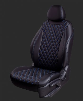 Чехлы для сидений Lord Autofashion Байрон (экокожа, Trend, спинка и сиденье 60/40 без подлокотника, 3 Г-образных подголовника) Ford Focus  3 (2010-2019) универсал дорестайлинг, хэтчбэк дорестайлинг, седан дорестайлинг, седан рестайлинг, универсал рестайлинг, хэтчбэк рестайлинг (Черный, вставка черная, строчка синяя)